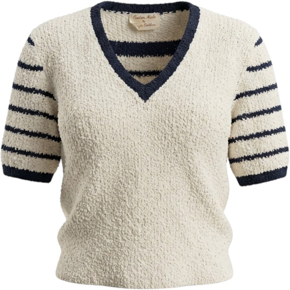 Custom Made Corinne Gunderson Vintage Boucle Knit Nautical Striped V-Neck Top